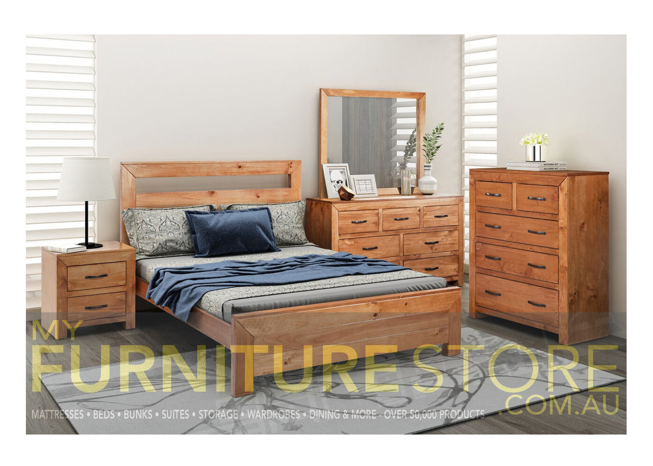 DOUBLE OR QUEEN BUSTIN (AUSSIE MADE) 4 PIECE (TALLBOY) BEDROOM SUITE - ASSORTED STAINED COLOURS