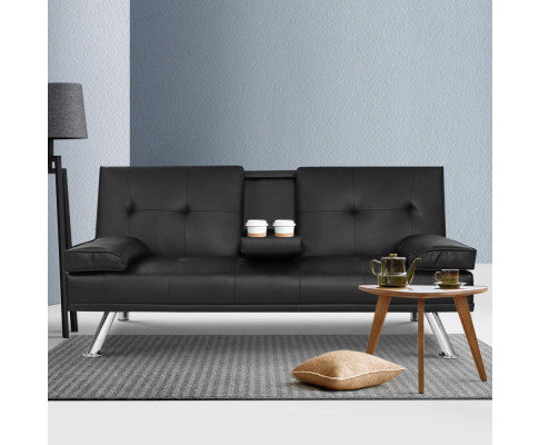 TERRAN PU LEATHER 3 SEATER SOFA BED RECLINER LOUNGE - BLACK