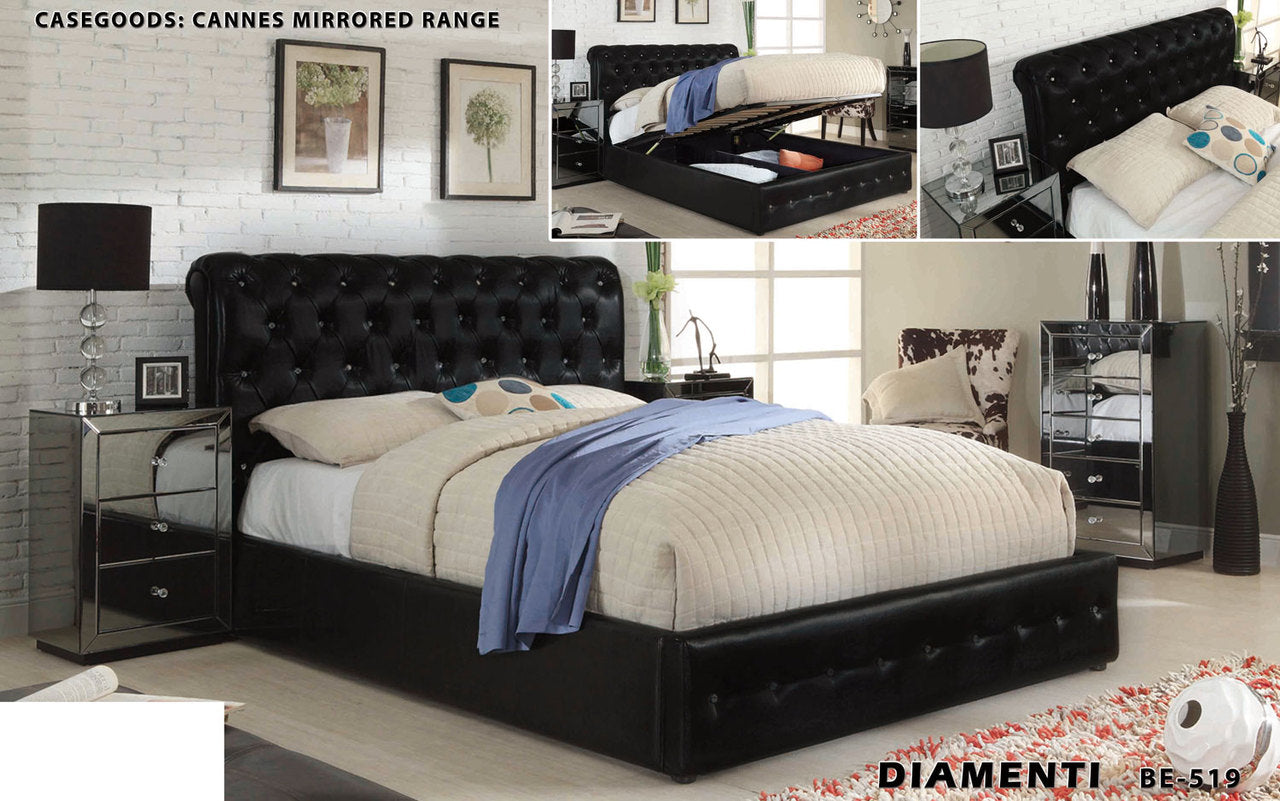 DIAMENTI (BE-519) DOUBLE OR QUEEN 4 PIECE TALLBOY BEDROOM SUITE WITH CANNES (BE-829) MIRRORED CASE GOODS AND GAS LIFT UNDERBD STORAGE - LEATHERETTE - BLACK OR IVORY