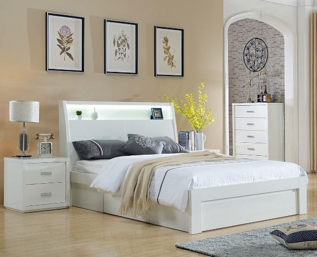 CHICAGO DOUBLE OR QUEEN 4 PIECE TALLBOY BEDROOM SUITE WITH 3 DRAWERS, FRONT GASLIFT OR SIDE GAS LIFT (LS-120 D/Q) - HIGH GLOSS WHITE