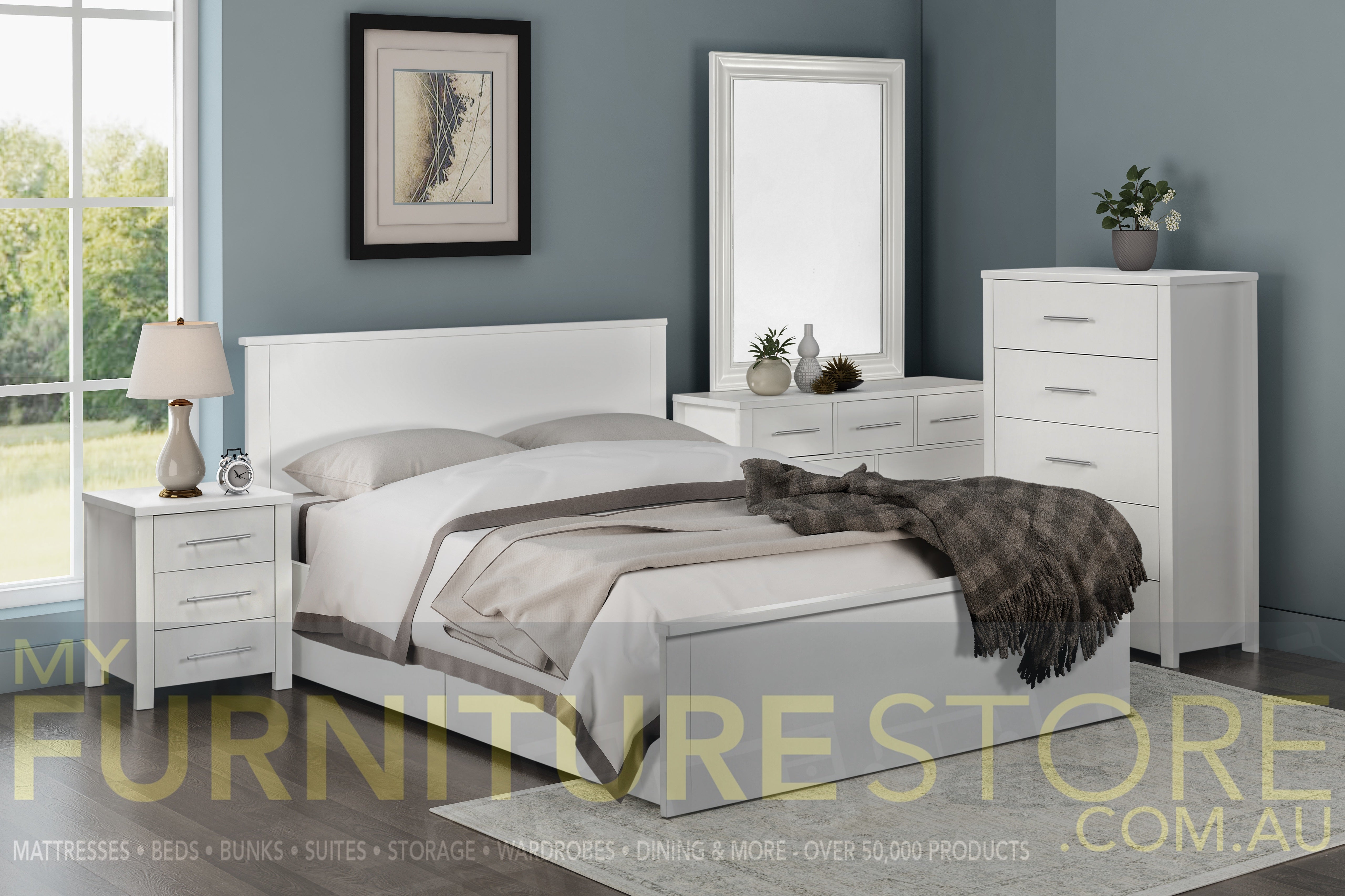 DOUBLE OR QUEEN AMAZING 4 PIECE (TALLBOY) BEDROOM SUITE (MODEL:3-18-5) - LIGHT OAK , WHITE (PICTURED) , CHOCOLATE