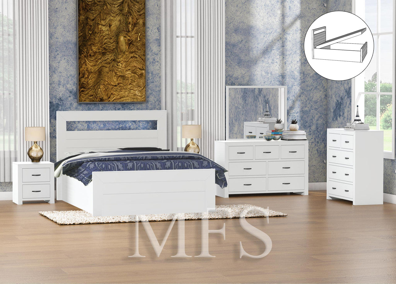 DOUBLE OR QUEEN BUSTIN (AUSSIE MADE) 4 PIECE (TALLBOY) BEDROOM SUITE WITH GAS LIFT BED - ASSORTED COLOURS