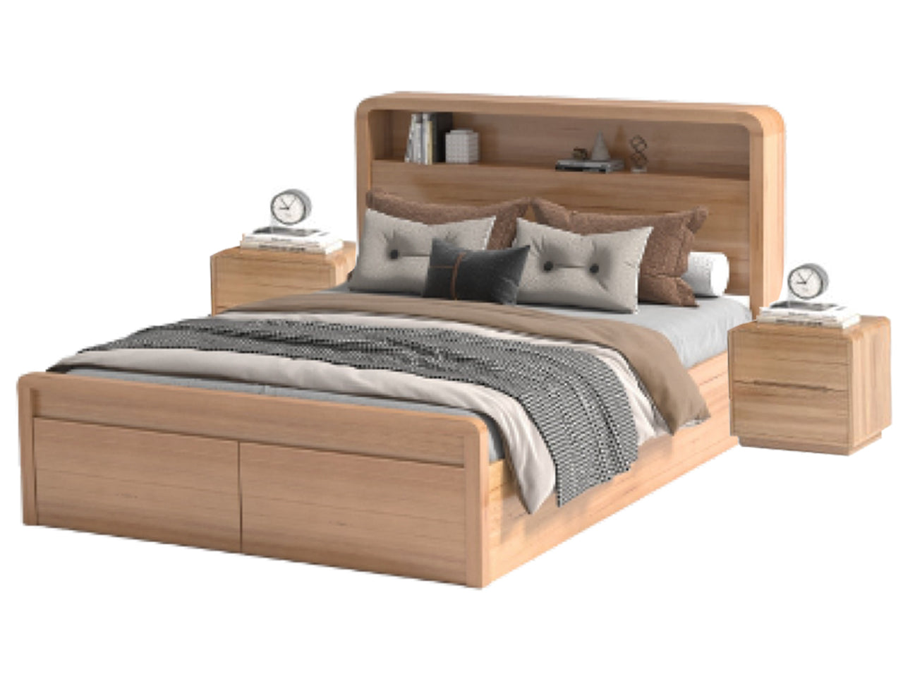 JABLE QUEEN 4 PIECE (TALLBOY) BEDROOM SUITE PANEL BED GASLIFT BED WITH UNDERBED STORAGE DRAWERS - MESSMATE