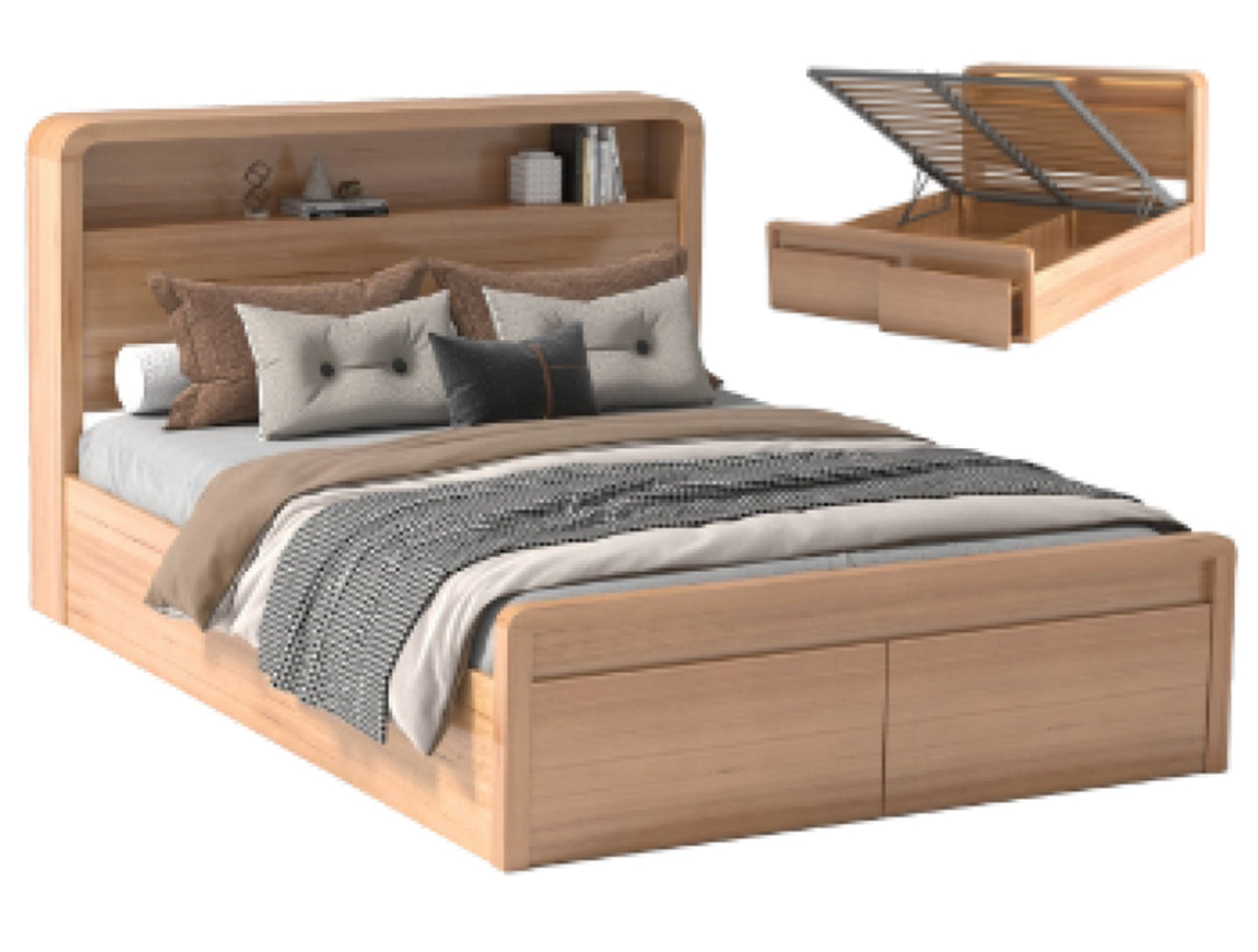 JABLE QUEEN 4 PIECE (TALLBOY) BEDROOM SUITE PANEL BED GASLIFT BED WITH UNDERBED STORAGE DRAWERS - MESSMATE