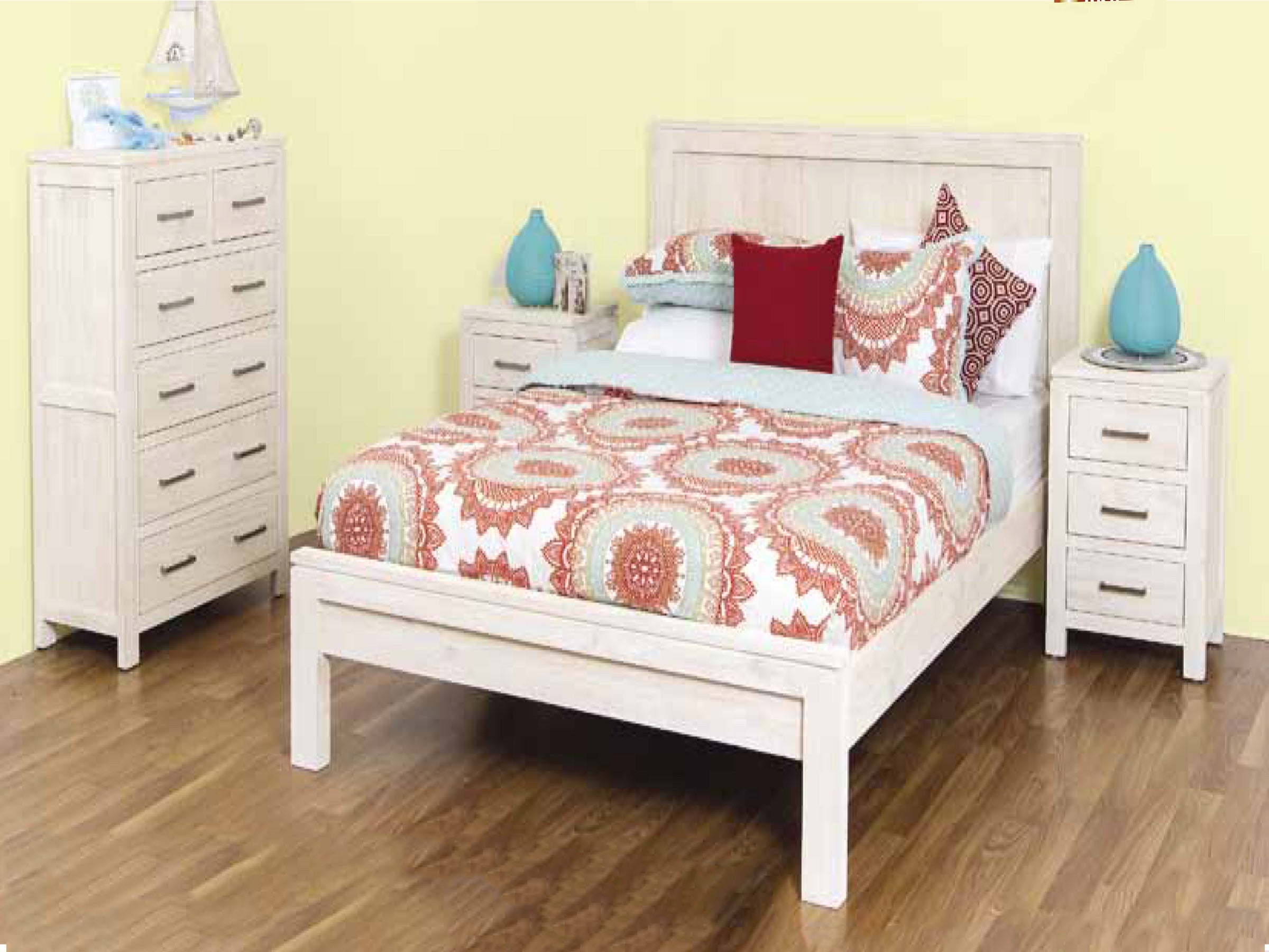 KING SINGLE MARION 5 PIECE (DRESSER) BEDROOM SUITE - WHITEWASH