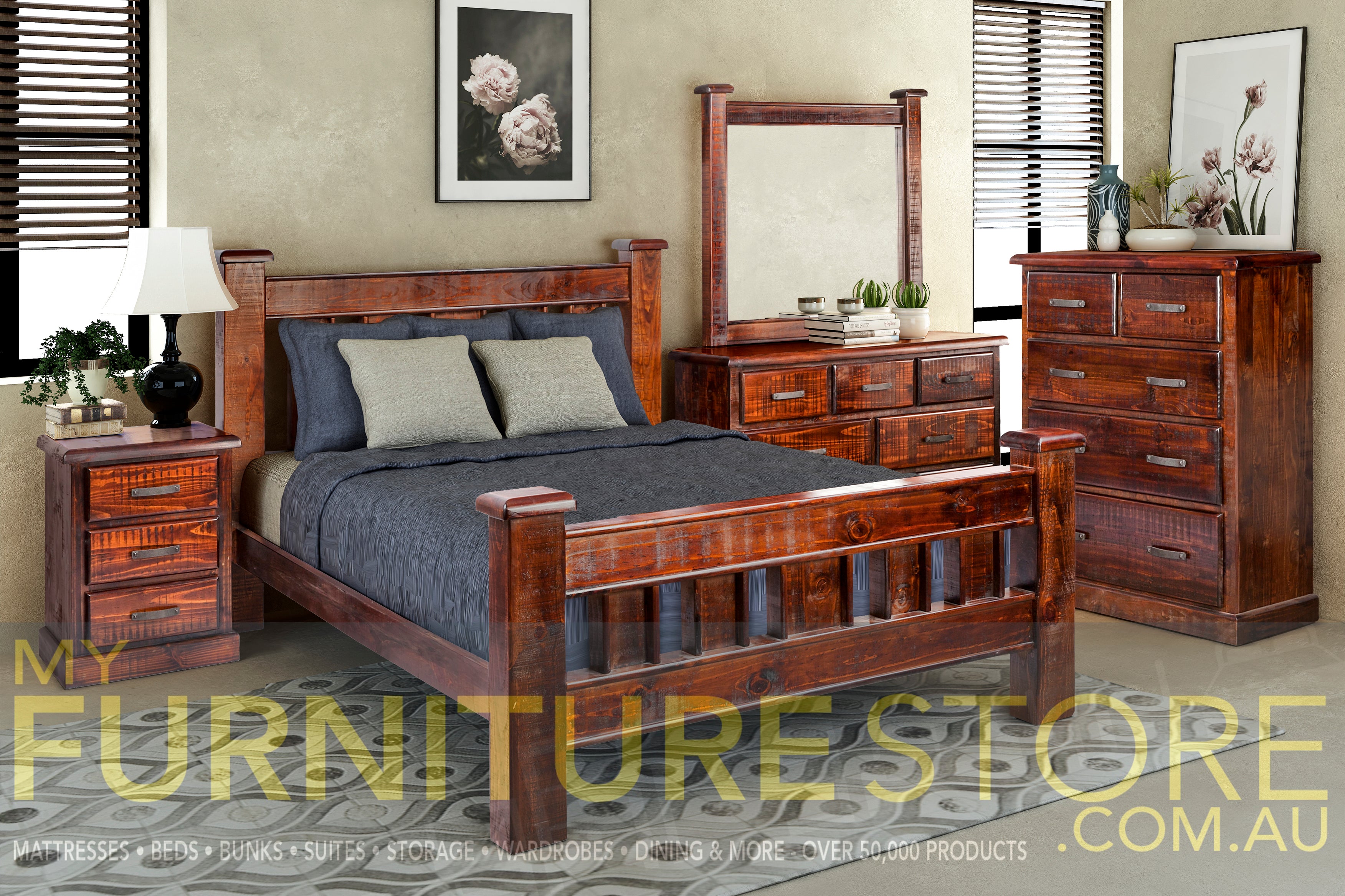 CALISTA QUEEN 4 PIECE (TALLBOY) BEDROOM SUITE - ROUGH SAWED