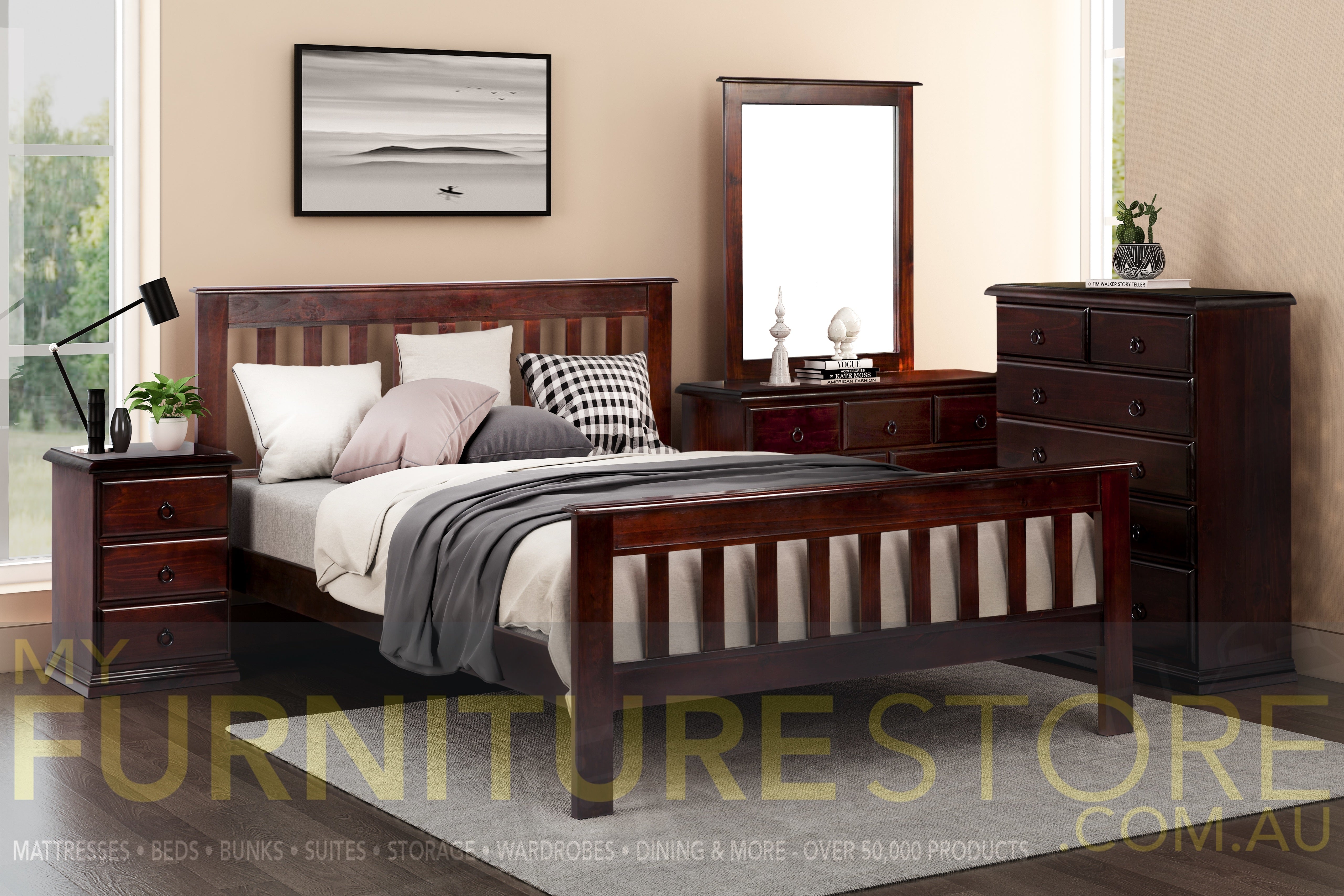 CRONULLA SINGLE OR KING SINGLE 3 PIECE MATCHING FOOT BEDROOM SUITE - BALTIC , WALNUT OR GREYWASH  