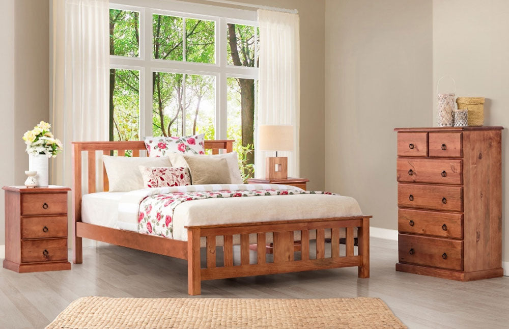 CARRINGTON DOUBLE OR QUEEN 4 PIECE TALLBOY BEDROOM SUITE WITH STANDARD CASE GOODS - GOLDEN OAK