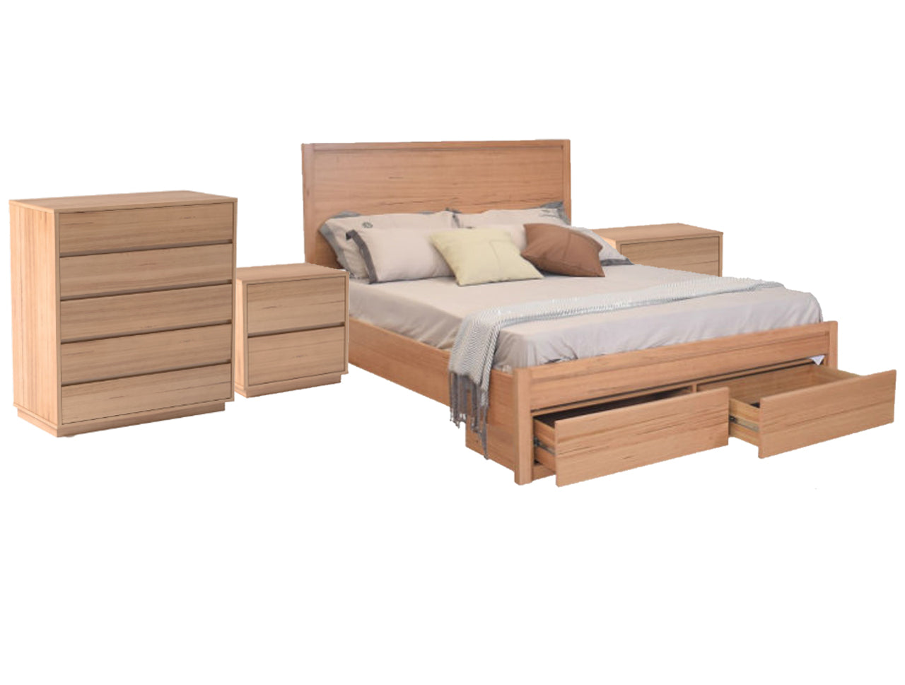 PADERNAL DOUBLE OR QUEEN 4 PIECE (TALLBOY) BEDROOM SUITE WITH UNDERBED STORAGE DRAWERS - MESSMATE
