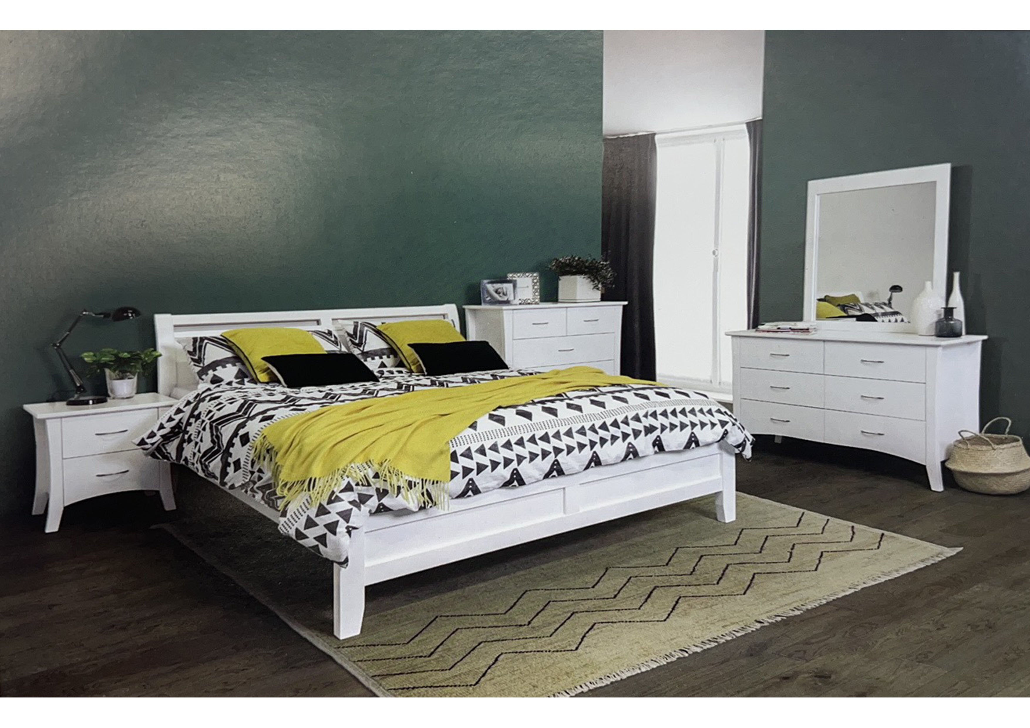 SINGLE OR KING SINGLE SAVANNAH (MODEL 19-15-8-15) 5 PIECE BEDROOM SUITE WITH DALBY CASE GOODS - WHITE