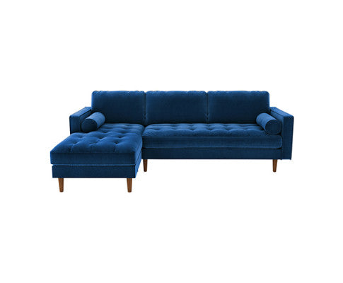 NASHA  2 SEATER VELVET FABRIC SOFA WITH CHAISE LOUNGE SETTING - NAVY BLUE