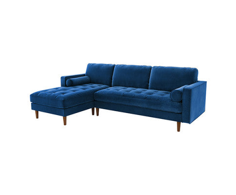 NASHA  2 SEATER VELVET FABRIC SOFA WITH CHAISE LOUNGE SETTING - NAVY BLUE