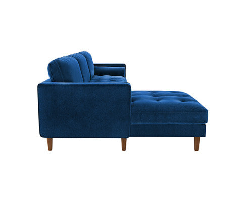 NASHA  2 SEATER VELVET FABRIC SOFA WITH CHAISE LOUNGE SETTING - NAVY BLUE
