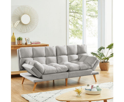 MIKLAUS VELVET FABRIC 3 SEATER SOFA BED - LIGHT GREY