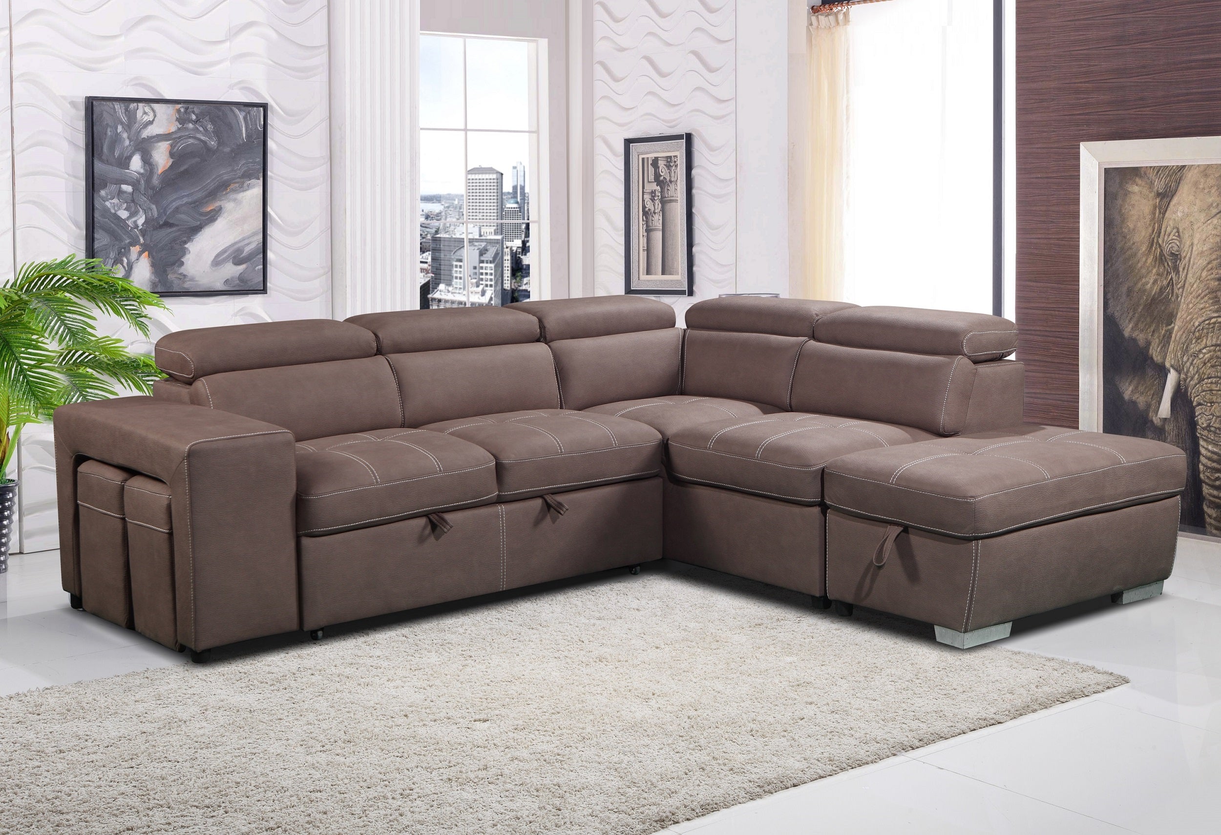 POSITANO 2 SEATER SOFA BED WITH RHF CHAISE & 2 STORAGE AOTTOMANS - MUSHROOM (AS PICTURED)
