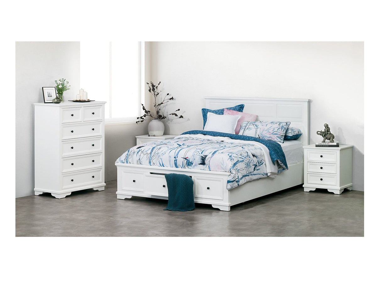 CHANELLE QUEEN 4 PIECE (TALLBOY) BEDROOM SUITE (22-9-5-14-14-1) - WHITE