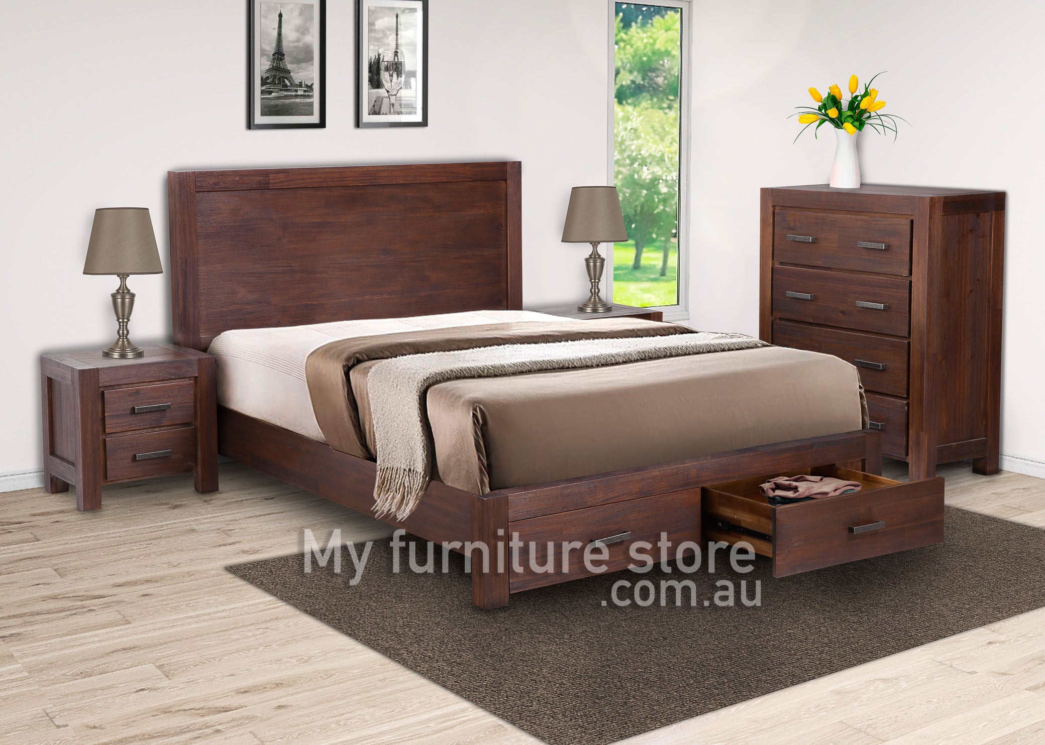 COLOMBO QUEEN 4 PIECE (TALLBOY) BEDROOM SUITE WITH 2 UNDER BED STORAGE DRAWERS - WALNUT
