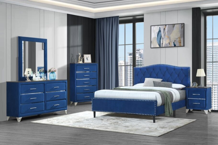 JAYCEE DOUBLE OR QUEEN 4 PIECE (TALLBOY) VELVET FANCY BEDROOM SUITE - BLUE