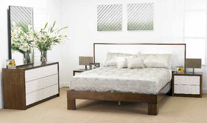 WAVES QUEEN 4 PIECE TALLBOY BEDROOM SUITE - WALNUT AND WHITE